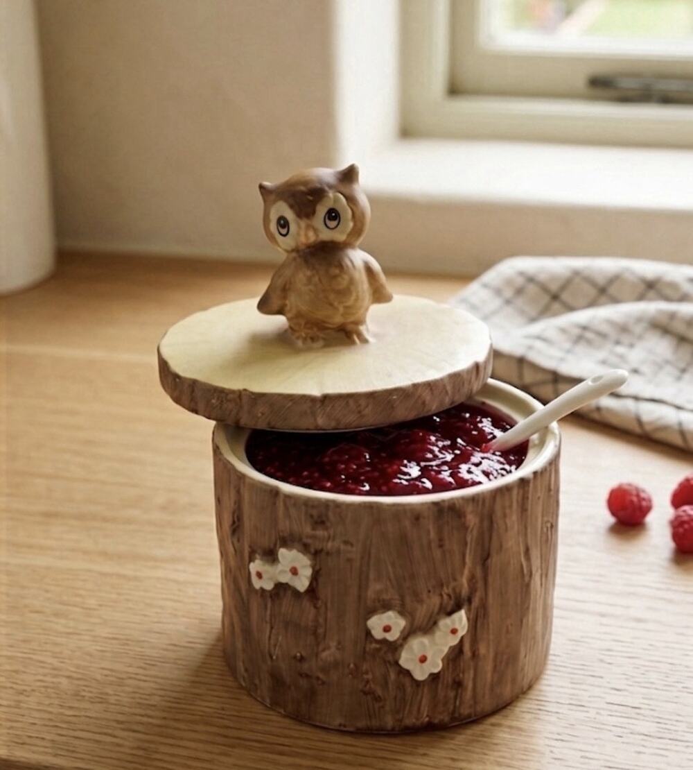 Vtg Lorrie Design Ceramic Owl Jar Jam Honey Jelly Japan Tree Stump Dipper Spoon